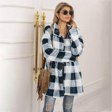 Woochic veste pour femmes en peluche à carreaux contrastées noir S